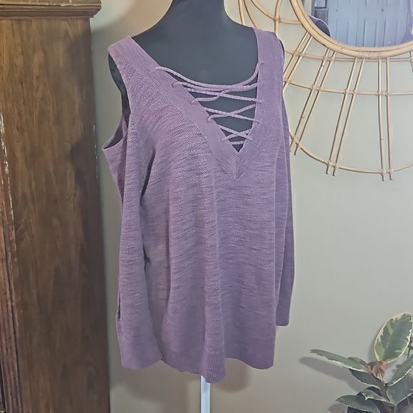 Express Purple Lace Front Cold Shoulder Knit Long Sleeve Sweater Sz L - Picture 2 of 9